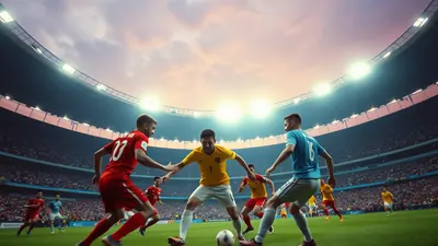 A dramatic stadium twilight shot of an Ecuadorian forward in bright yellow kit sprinting past a German defender in plain...