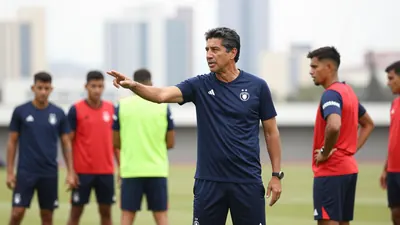 A photo of Gustavo Álvarez, the new coach of Liga de Quito, giving instructions to his players during a training session...