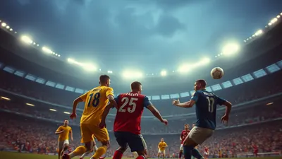 A dramatic editorial shot of an Ecuadorian midfielder in plain yellow-blue kit, mid-stride on a rain-slick stadium pitch...
